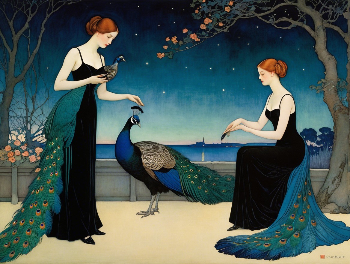 Elegant Women in Black Gowns with Peacock Feathers
