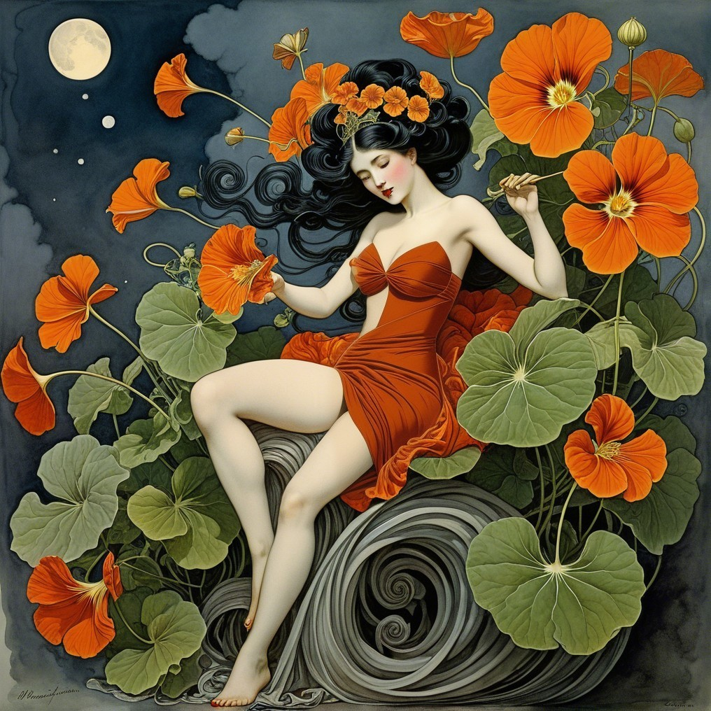 Serene figure in red dress among vibrant flowers and moon
