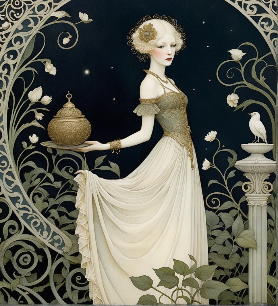 Elegant Woman in Intricate Gown with Decorative Pot