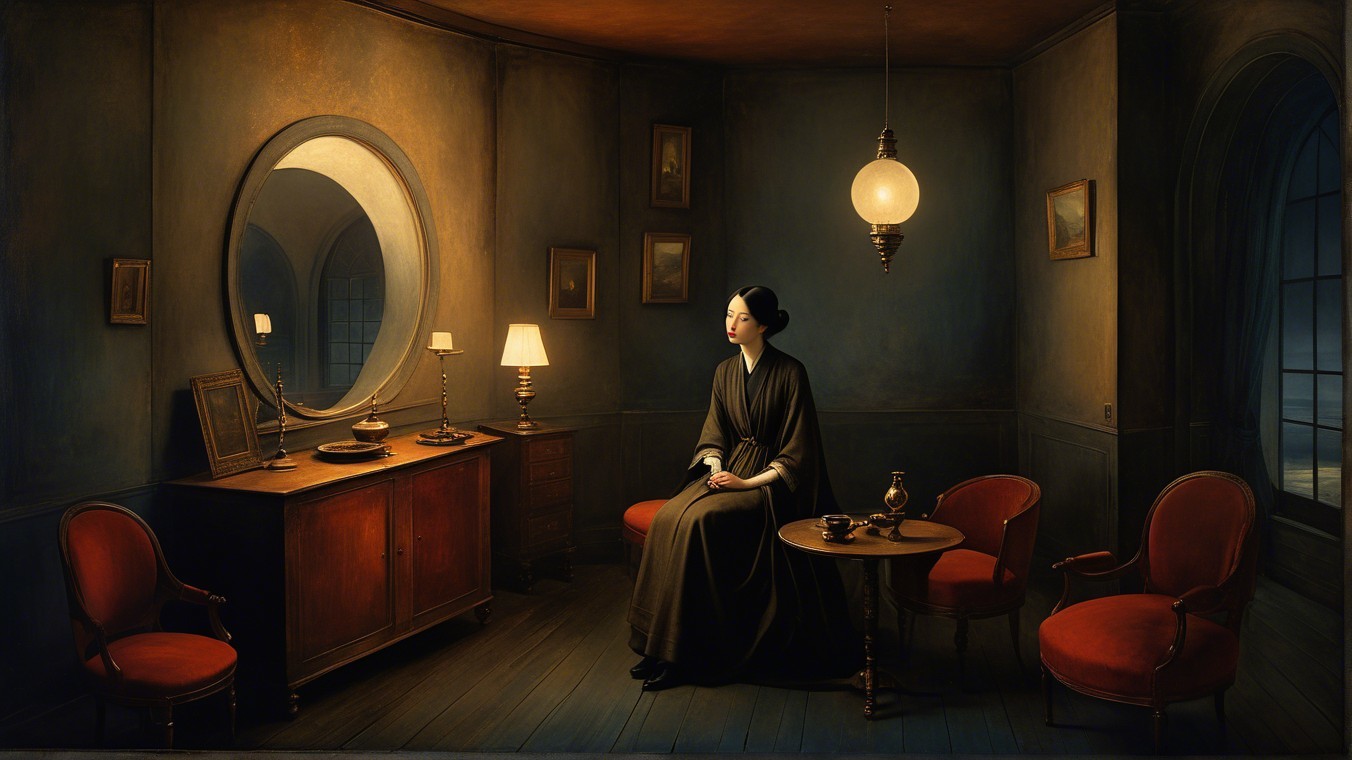 Serene Interior Scene with Woman in Traditional Attire