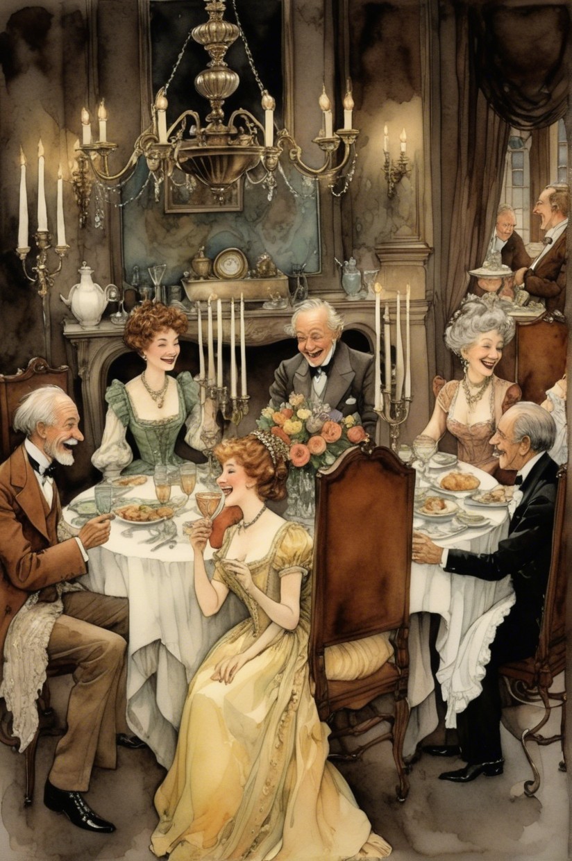 Elegant Victorian Dinner Scene with Guests and Decor
