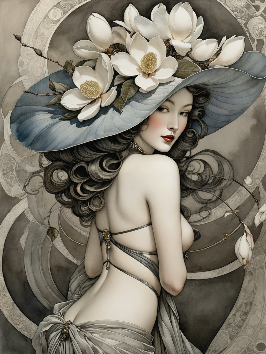 Elegant woman in hat with lotus flowers and patterns