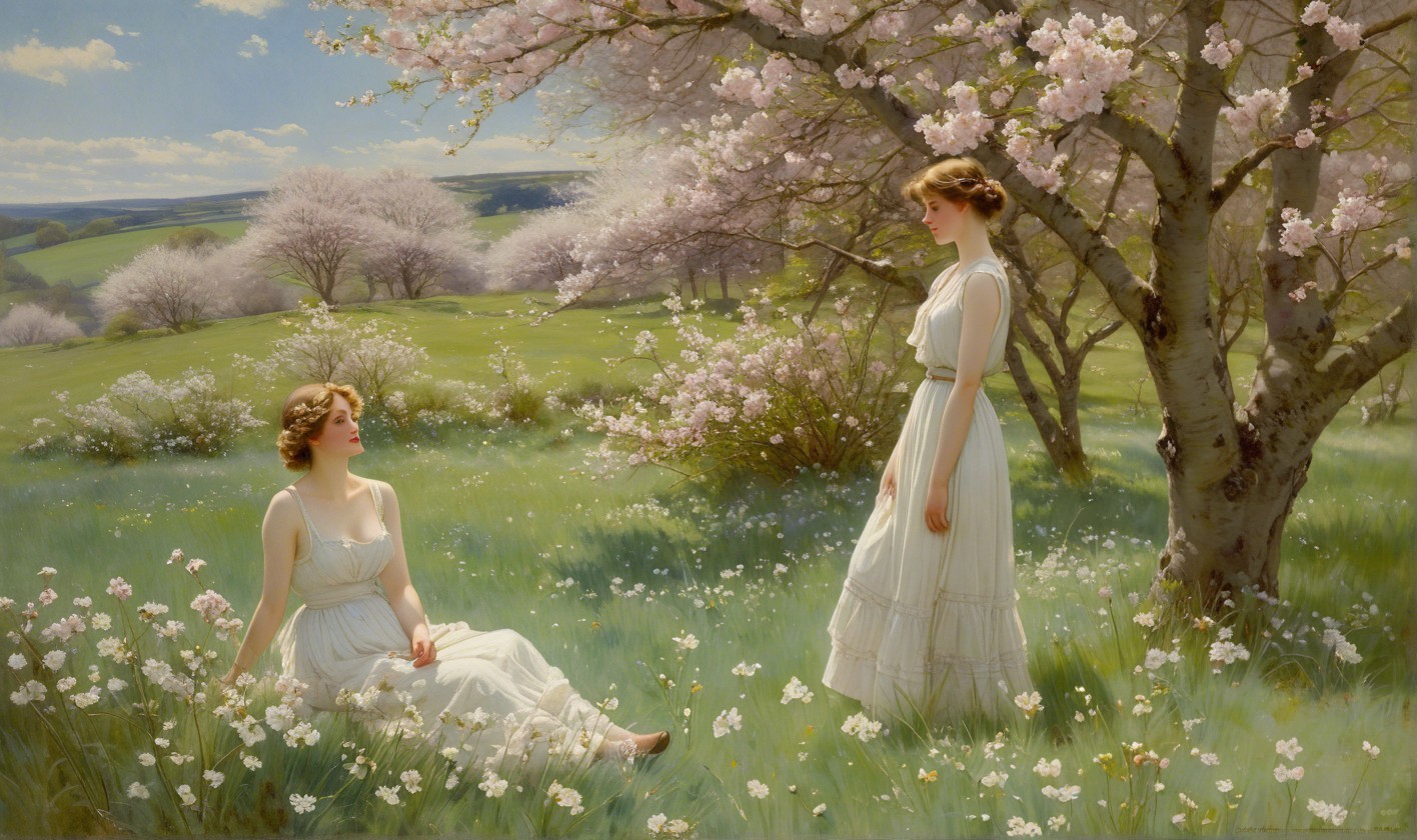 Two Women in a Spring Landscape with Cherry Trees