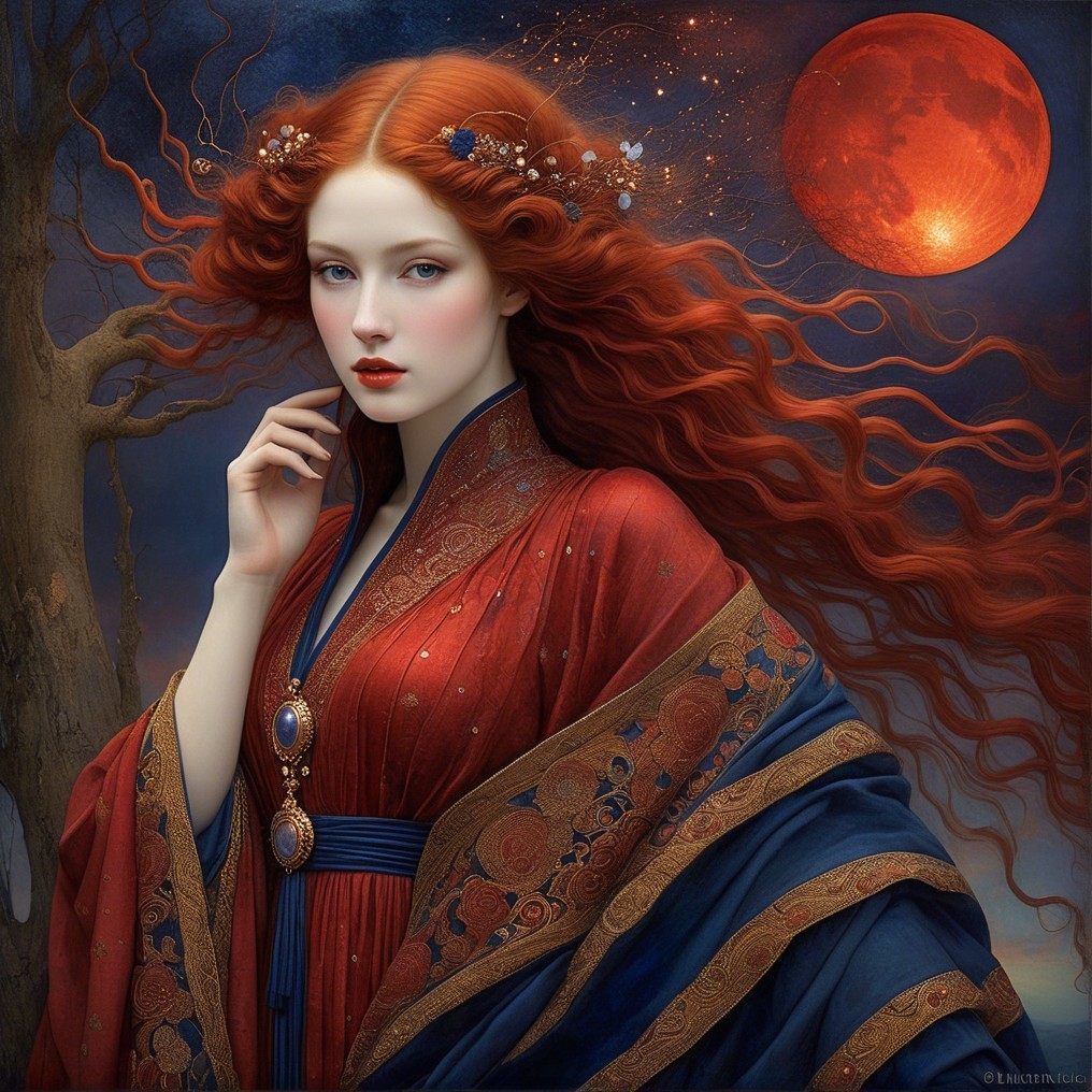 Woman with Red Hair and Floral Crown Under Blood Moon