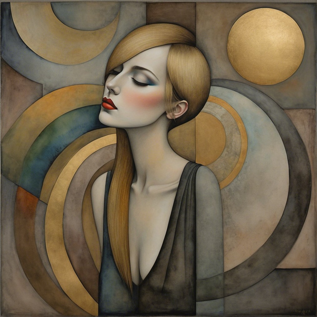 Serene Woman with Geometric Shapes and Earthy Tones