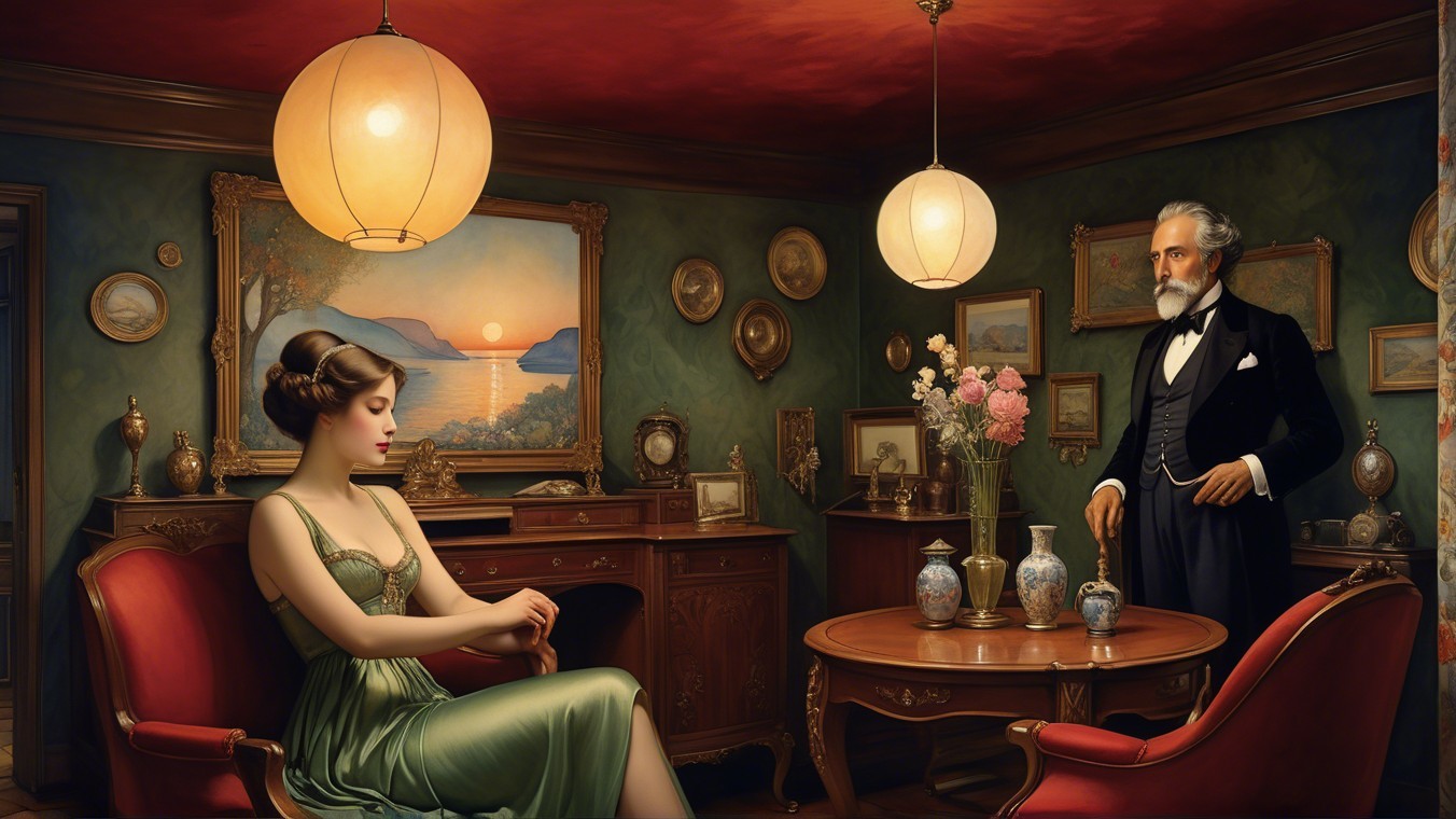 Victorian Parlor Scene with Elegant Woman and Gentleman