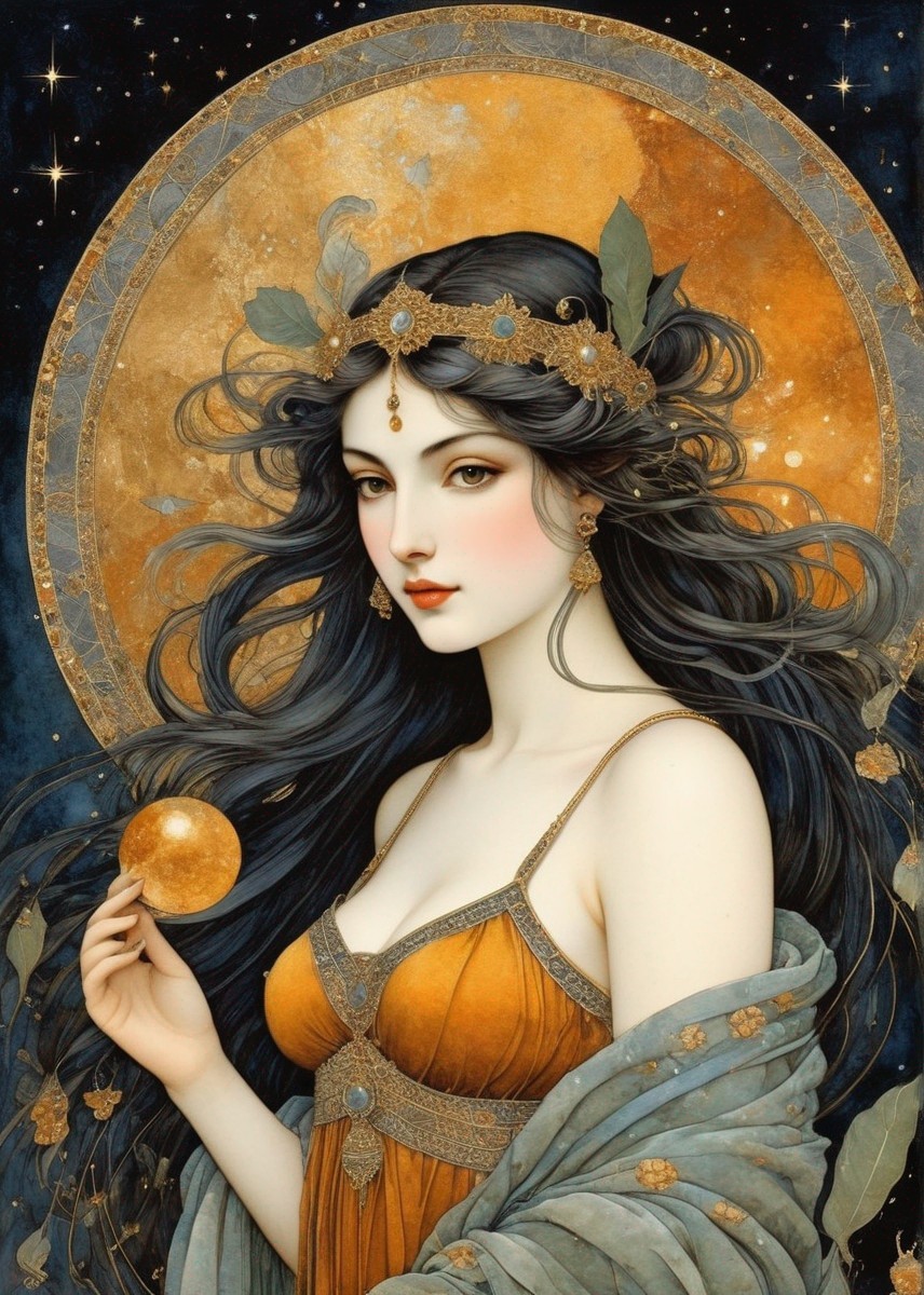 Elegant Woman in Orange Gown with Glowing Orb