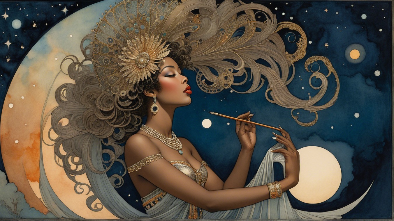 Striking Woman in Jewelry Against Night Sky Background