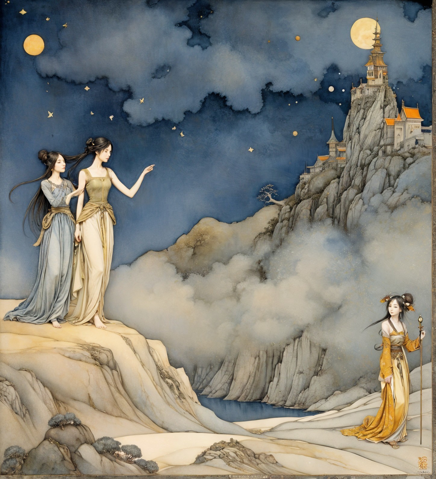 Women in Elegant Attire Overlooking a Moonlit Mountain