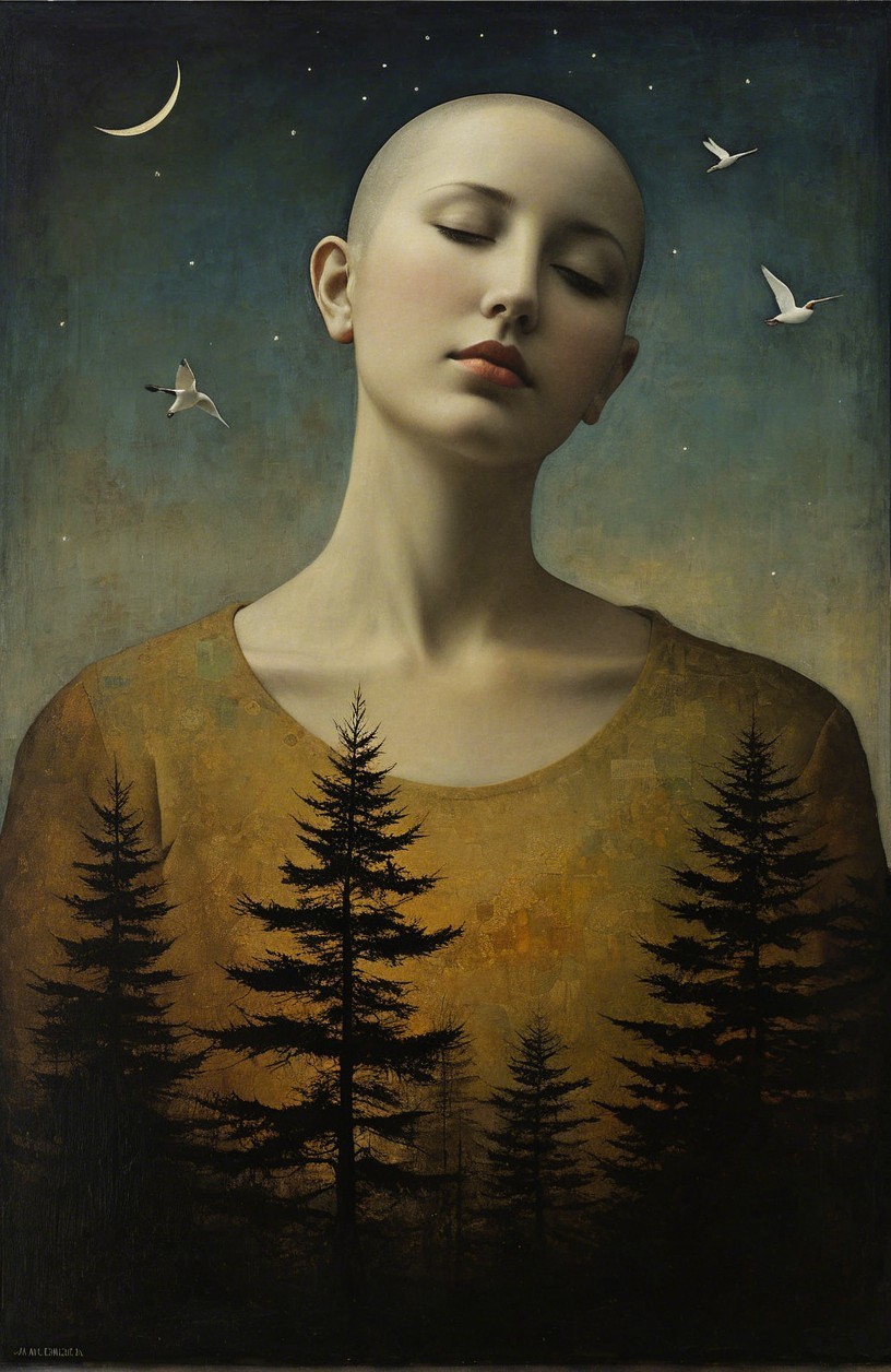 Serene Portrait of a Bald Woman in Twilight Setting