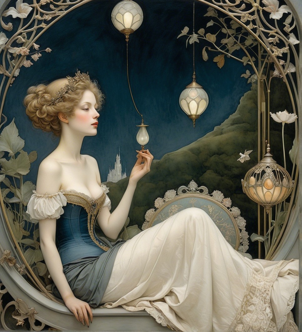 Serene Young Woman in Ornate Floral Alcove
