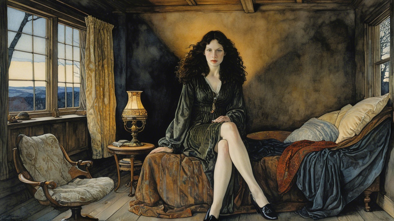 Elegant Woman in Green Dress in Cozy Room Setting