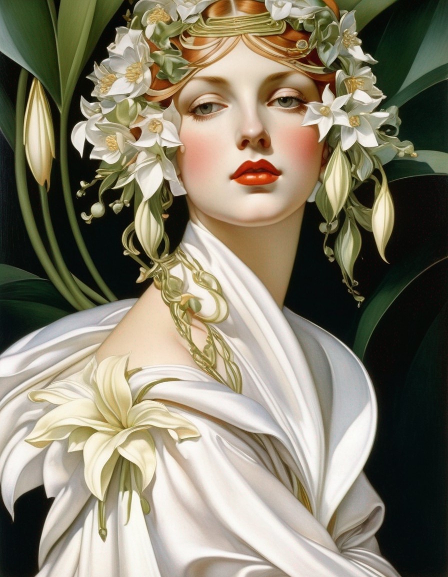 Woman with pale skin in white garment and gold headpiece