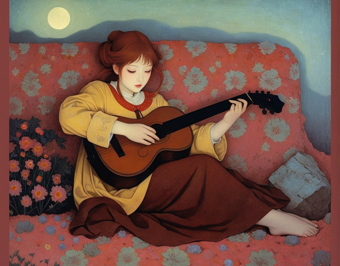 Young girl in yellow dress playing guitar at night