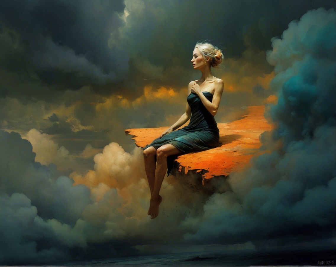 Serene figure on floating platform in swirling clouds