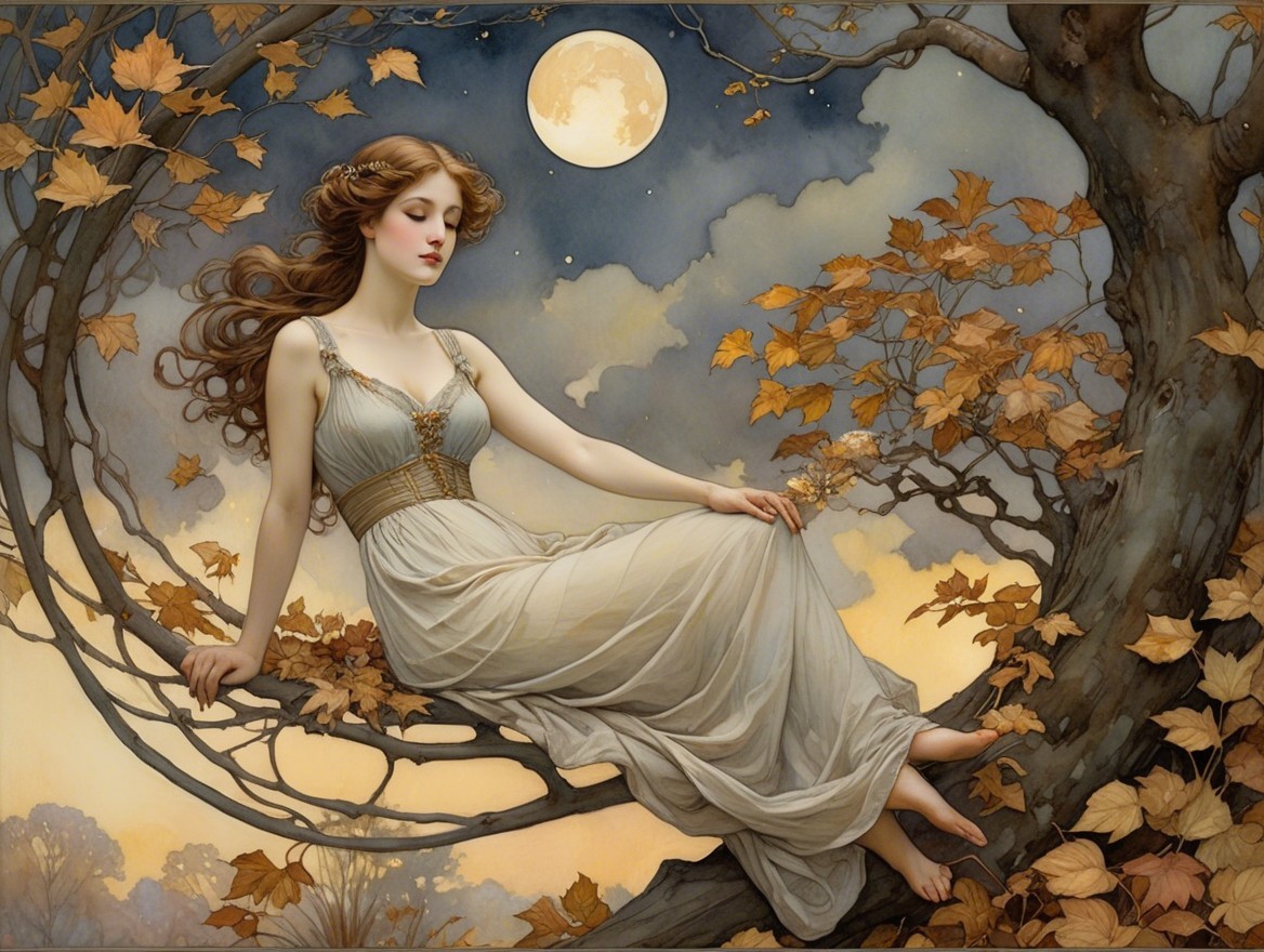 Serene Woman in White Gown on Tree Branch at Night