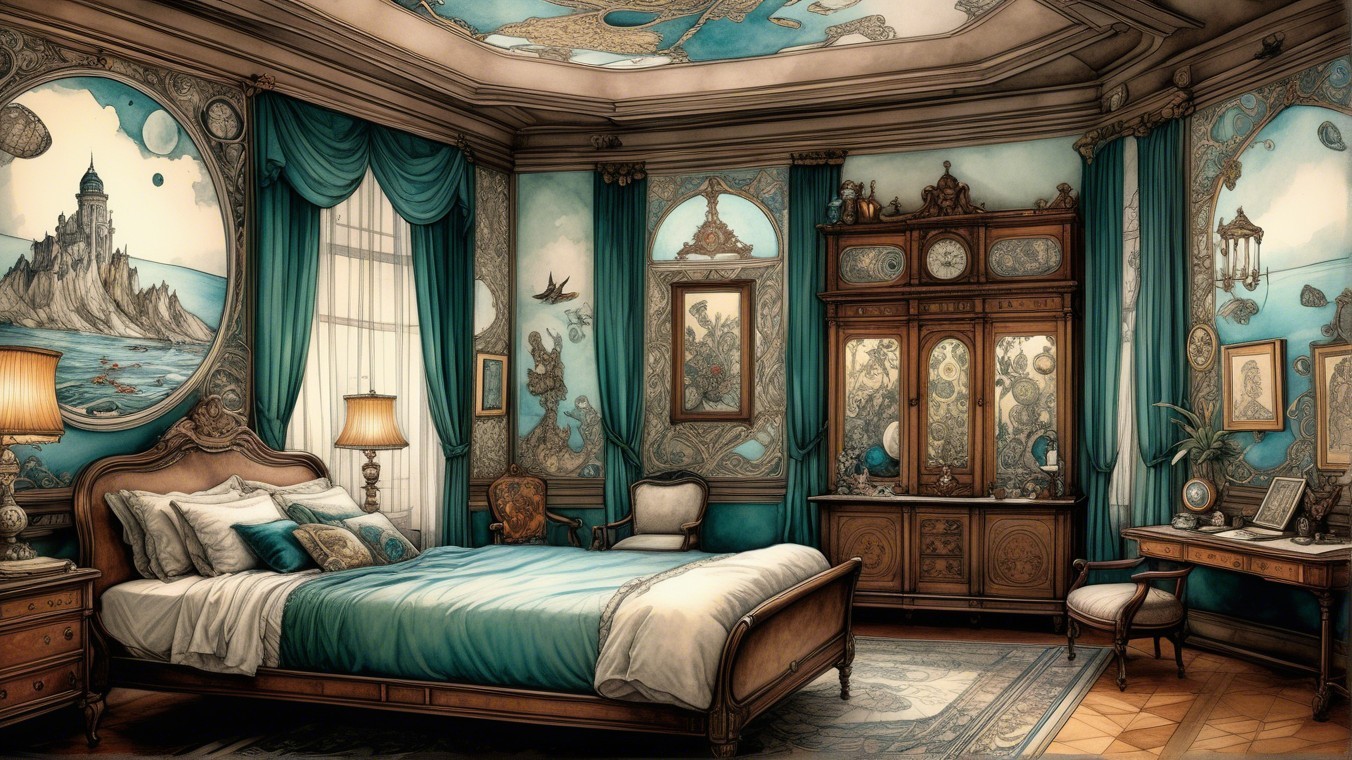 Elegant Vintage Bedroom with Coastal Murals and Drapes
