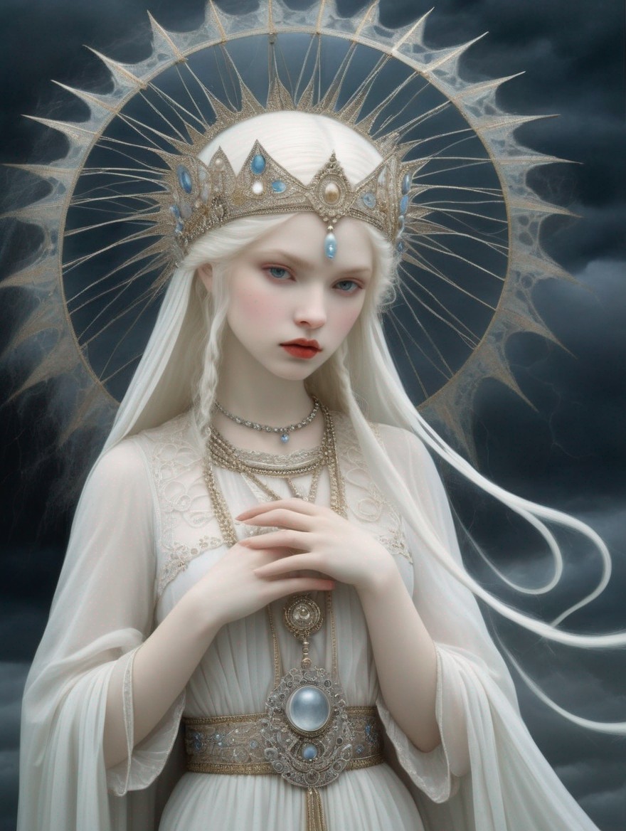 Ethereal pale woman with white hair and crown in regal pose against moody backdrop