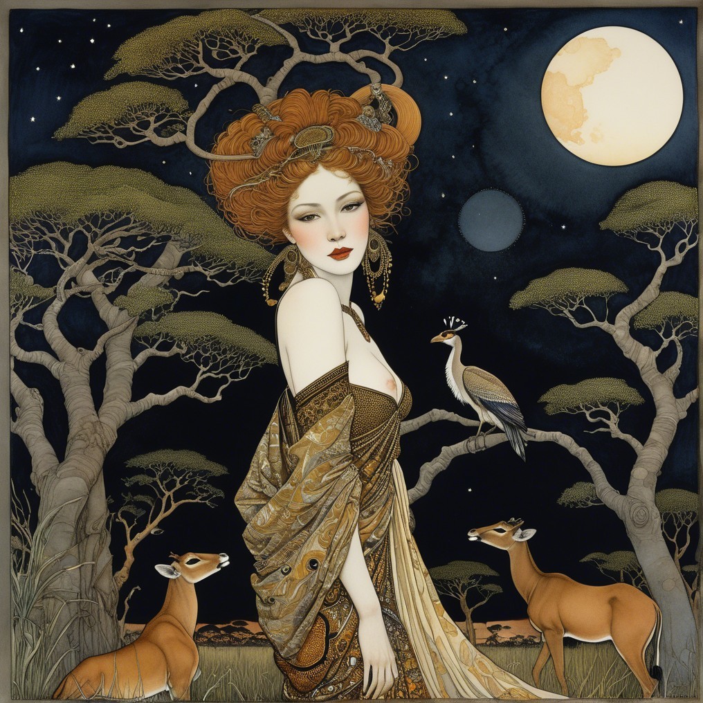 Elegant Woman in Golden Gown Under Starry Night