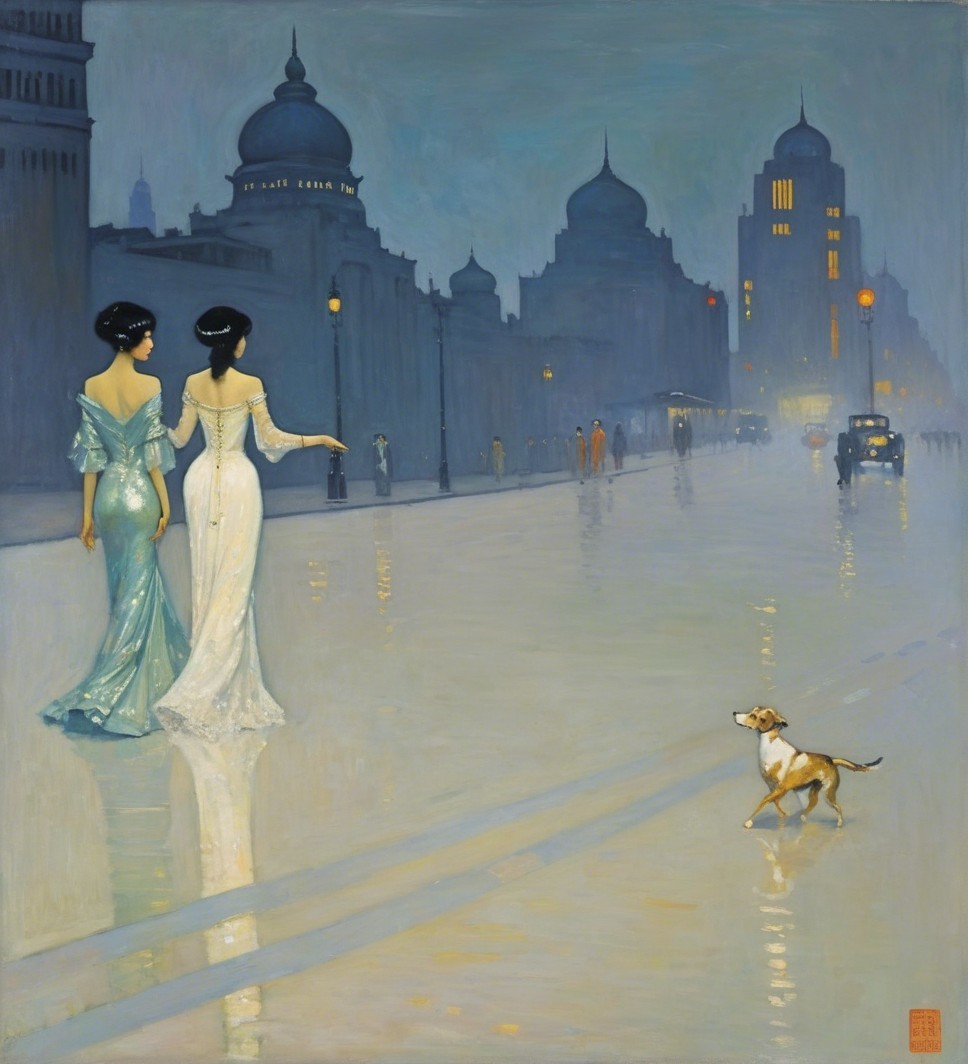 Misty Cityscape with Women in Vintage Gowns at Dusk