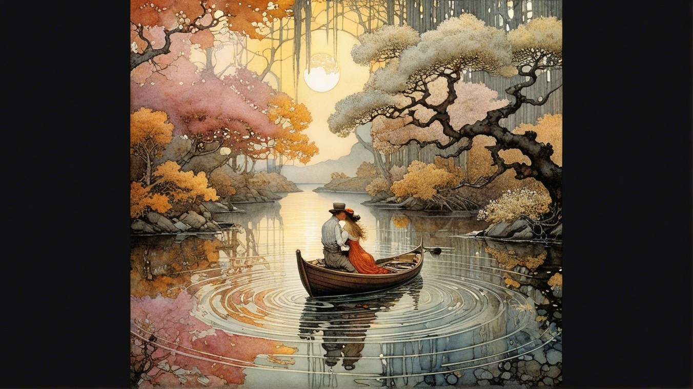 Couple in Boat on Autumn Lake at Sunset