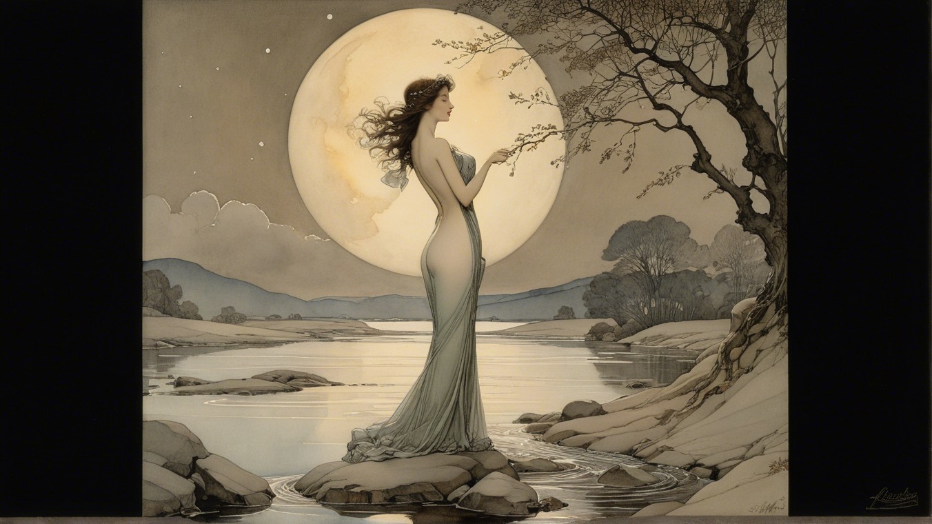 Graceful Woman by Serene River Under Full Moon