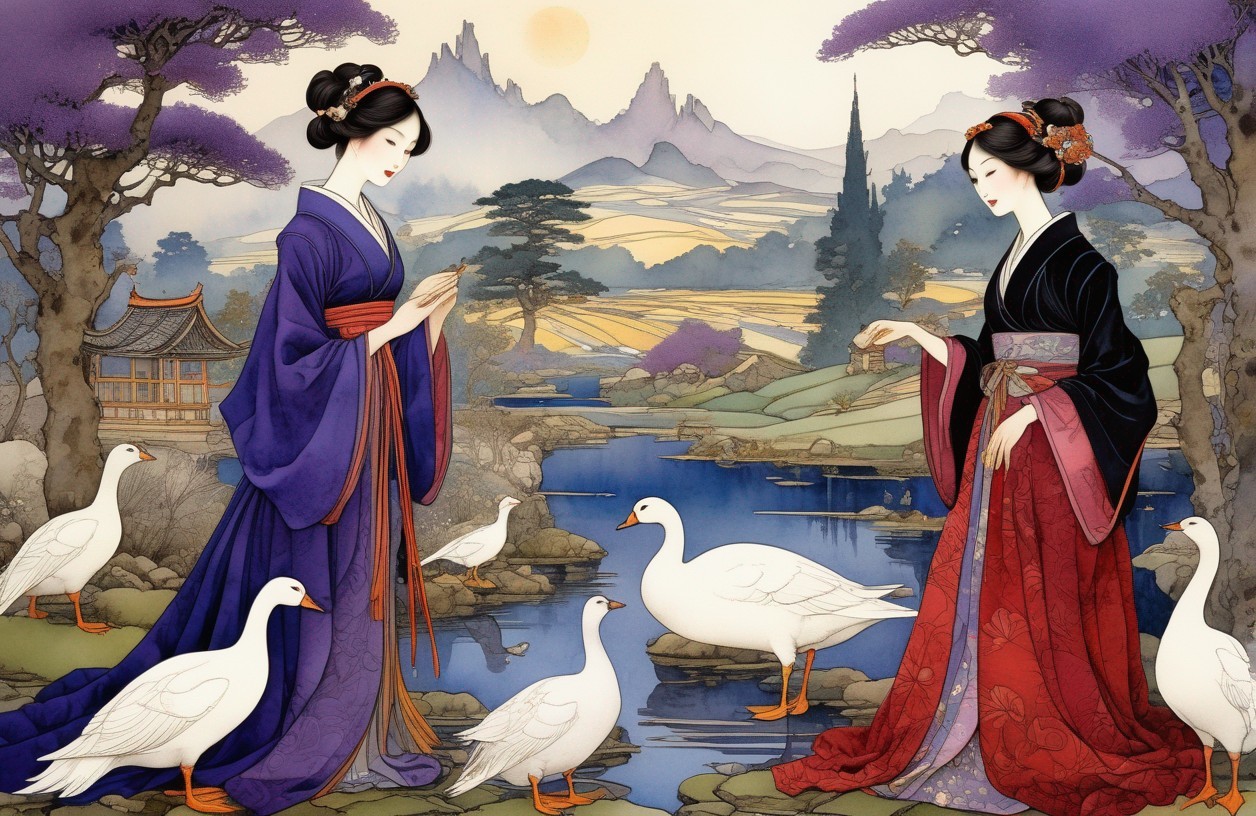 Women in Kimonos by Pond with Geese and Mountains