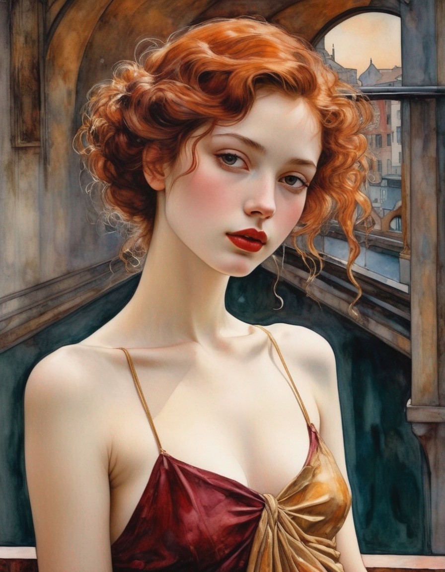 Portrait of Woman with Curly Red Hair Against Stone Arches