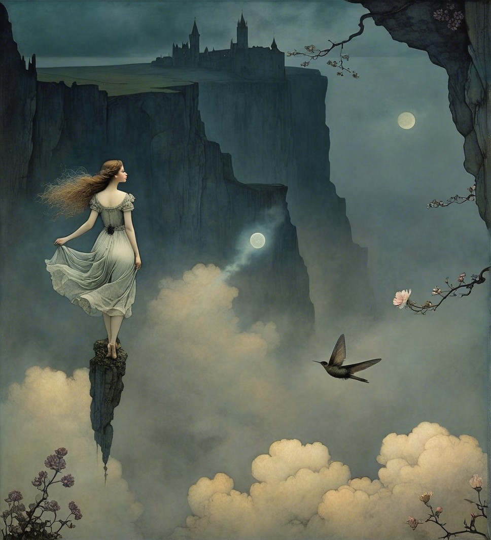 Young woman in white dress on rocky precipice landscape
