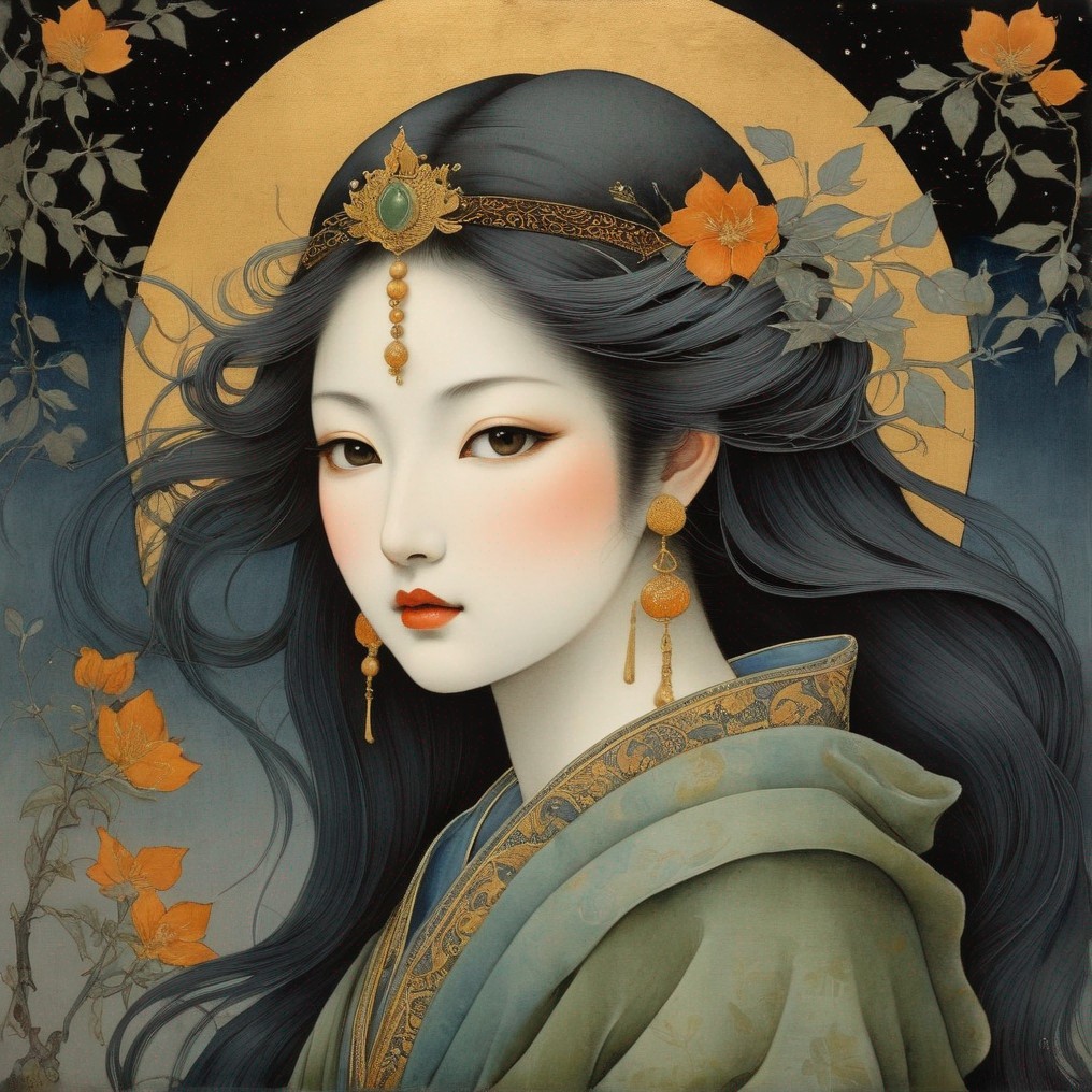 Serene Woman with Black Hair and Floral Accents