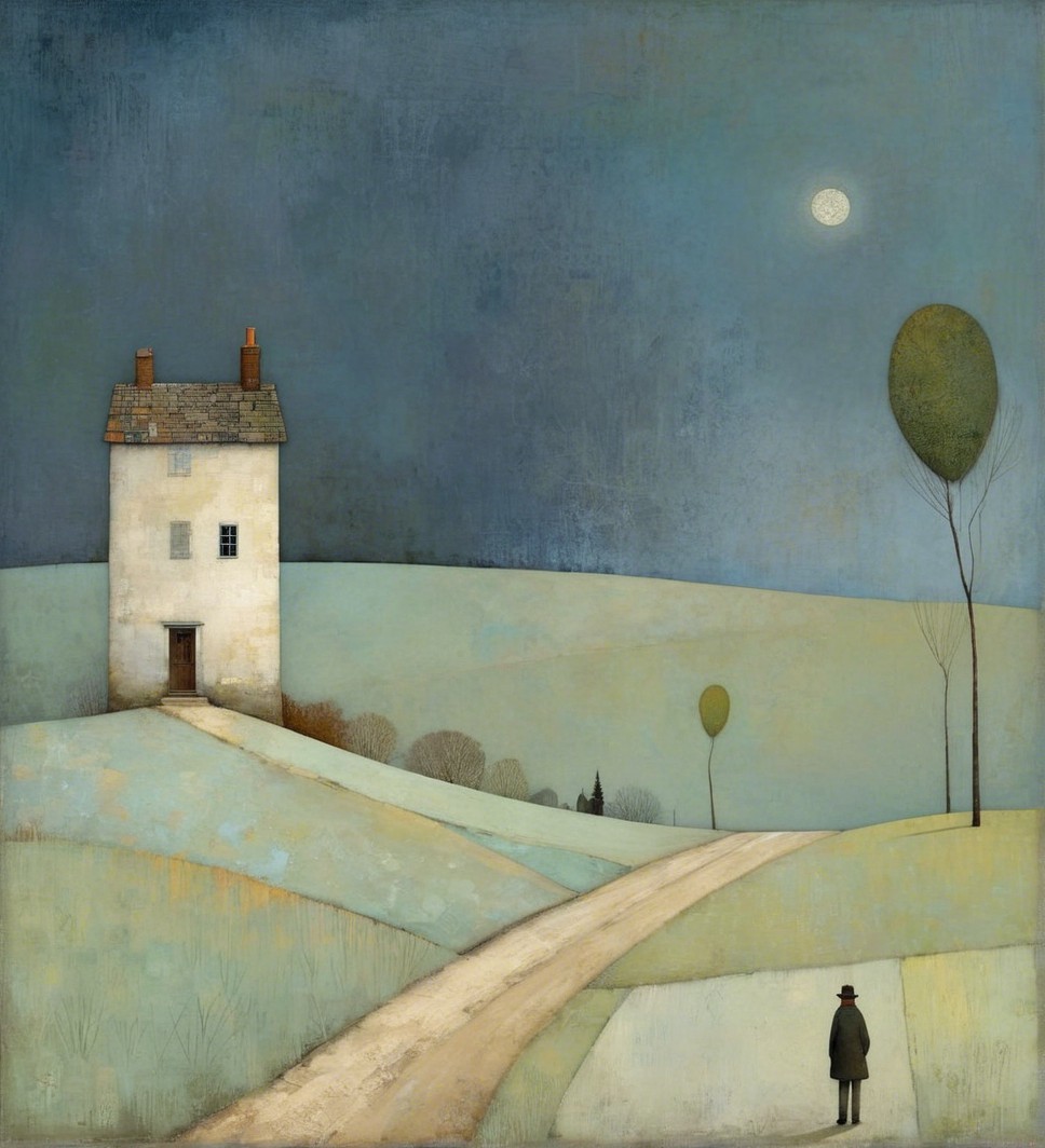 Serene Landscape with White House and Moonlit Sky