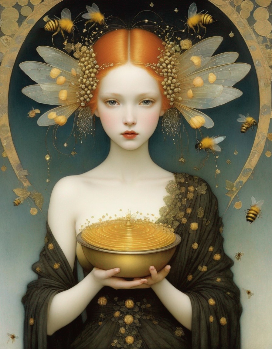 Red-haired fairy with wings surrounded by bees and flowers holding a golden bowl