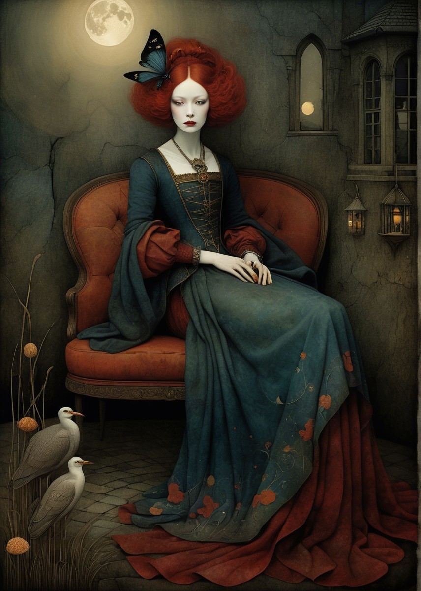 Serene Woman with Red Hair on Vintage Sofa at Night
