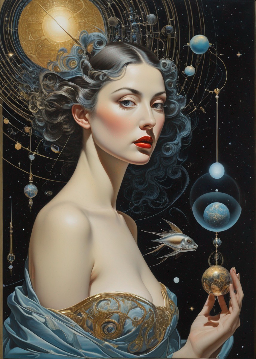 Woman in Shimmering Dress Against Starry Background