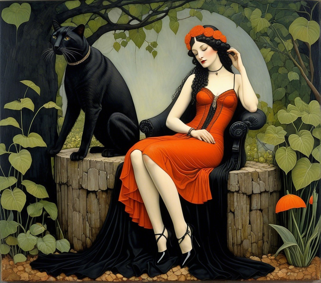 Serene woman in red dress with black panther in foliage