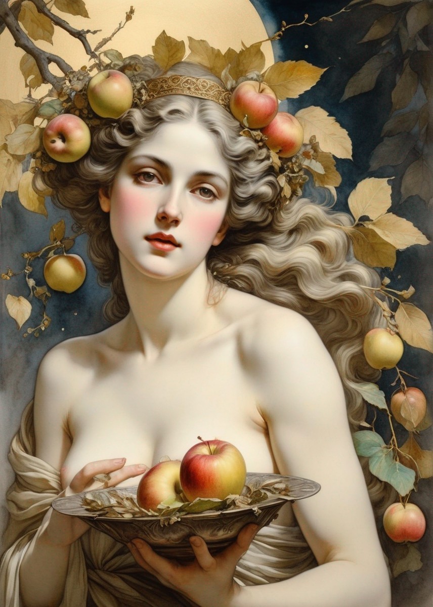 Portrait of woman with leaf and apple crown holding fruit plate, foliage background.