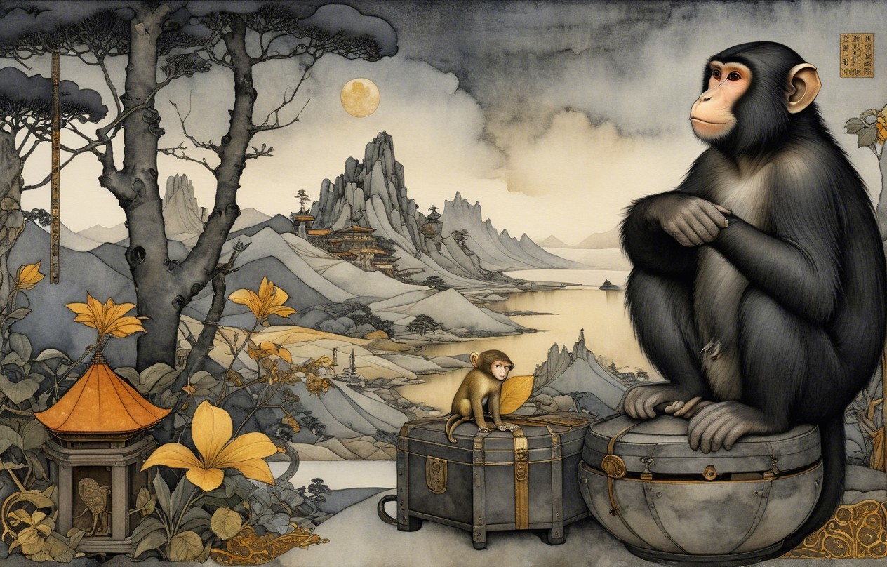 Monkeys in Serene Landscape with Mountains and Flowers