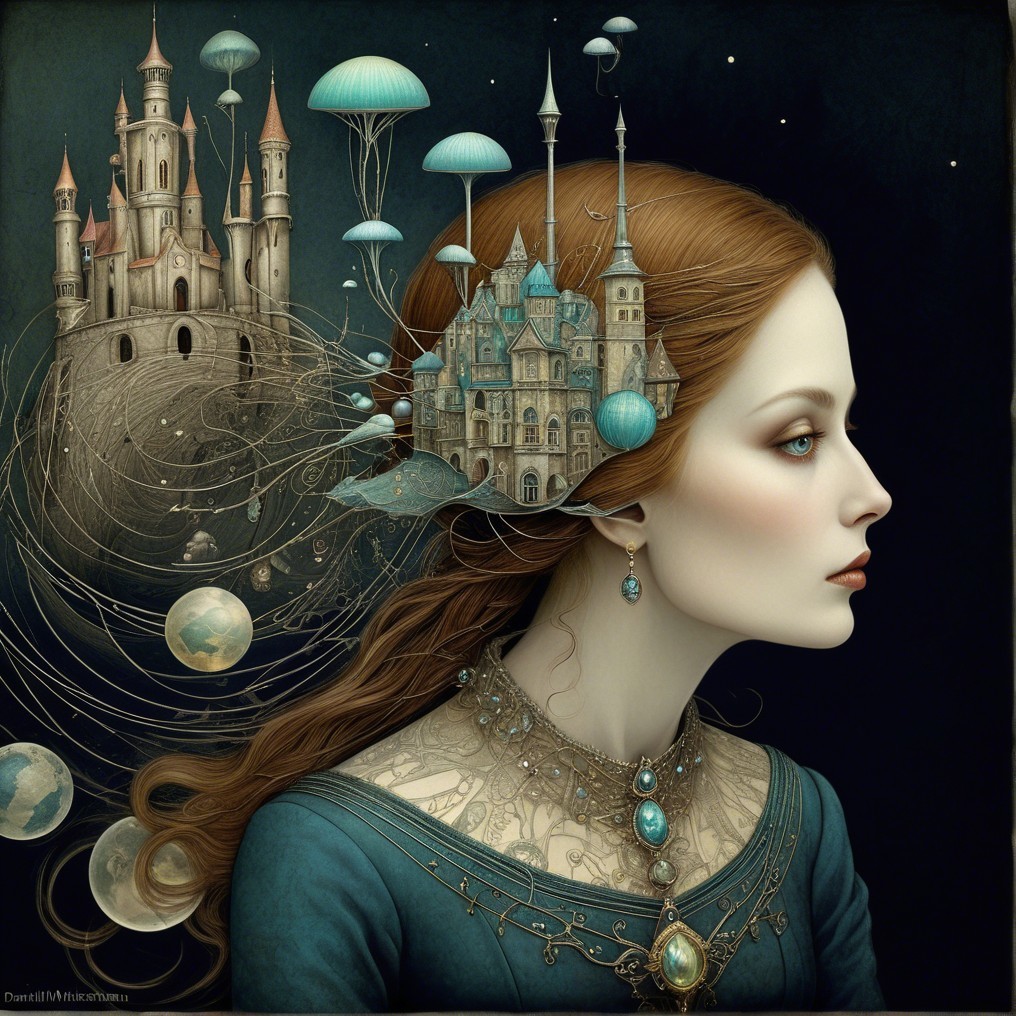 Serene Woman with Hair Blending into Enchanted Landscape