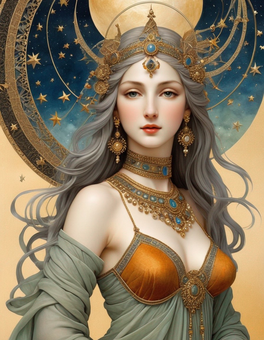 Adorned Woman with Silver Hair and Celestial Background