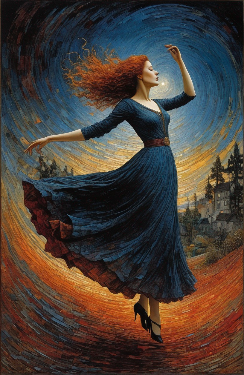 Red-haired woman in blue dress dances joyously in warm-colored backdrop