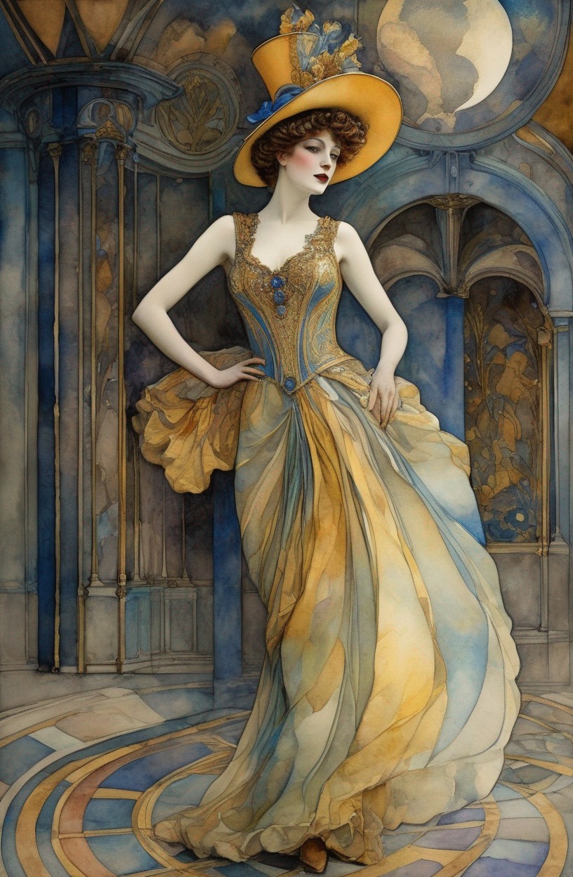 Elegant woman in vintage dress in grand gothic hall with blue and gold tones