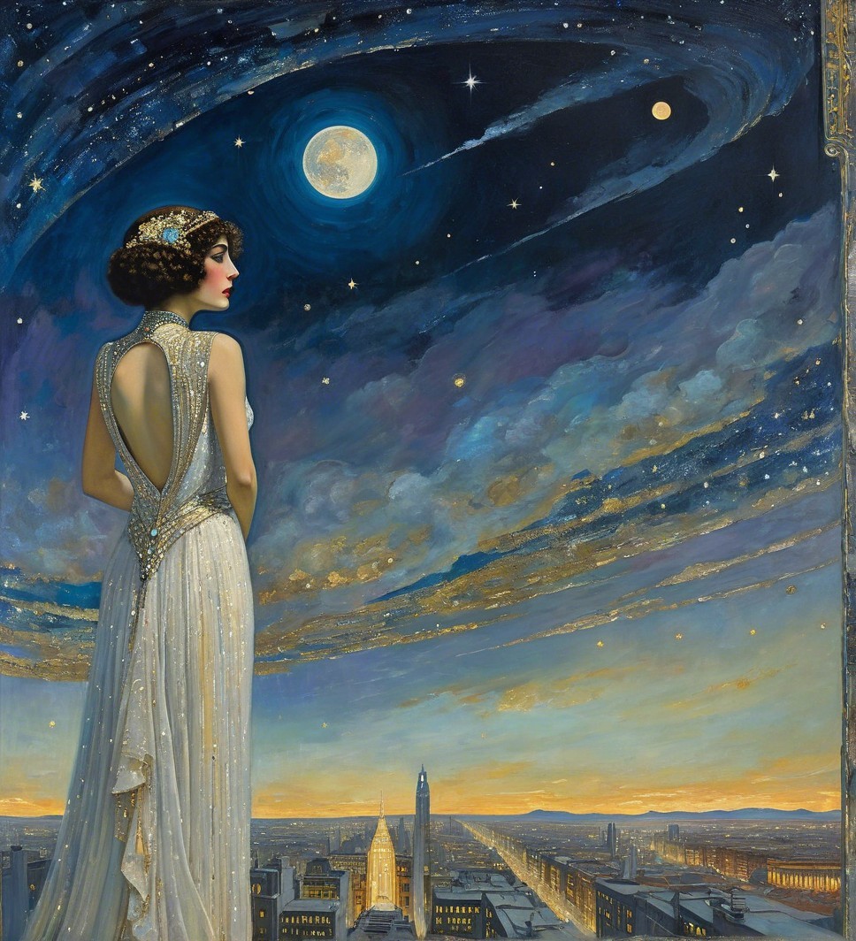 Glamorous Woman in Backless Gown Over City Skyline