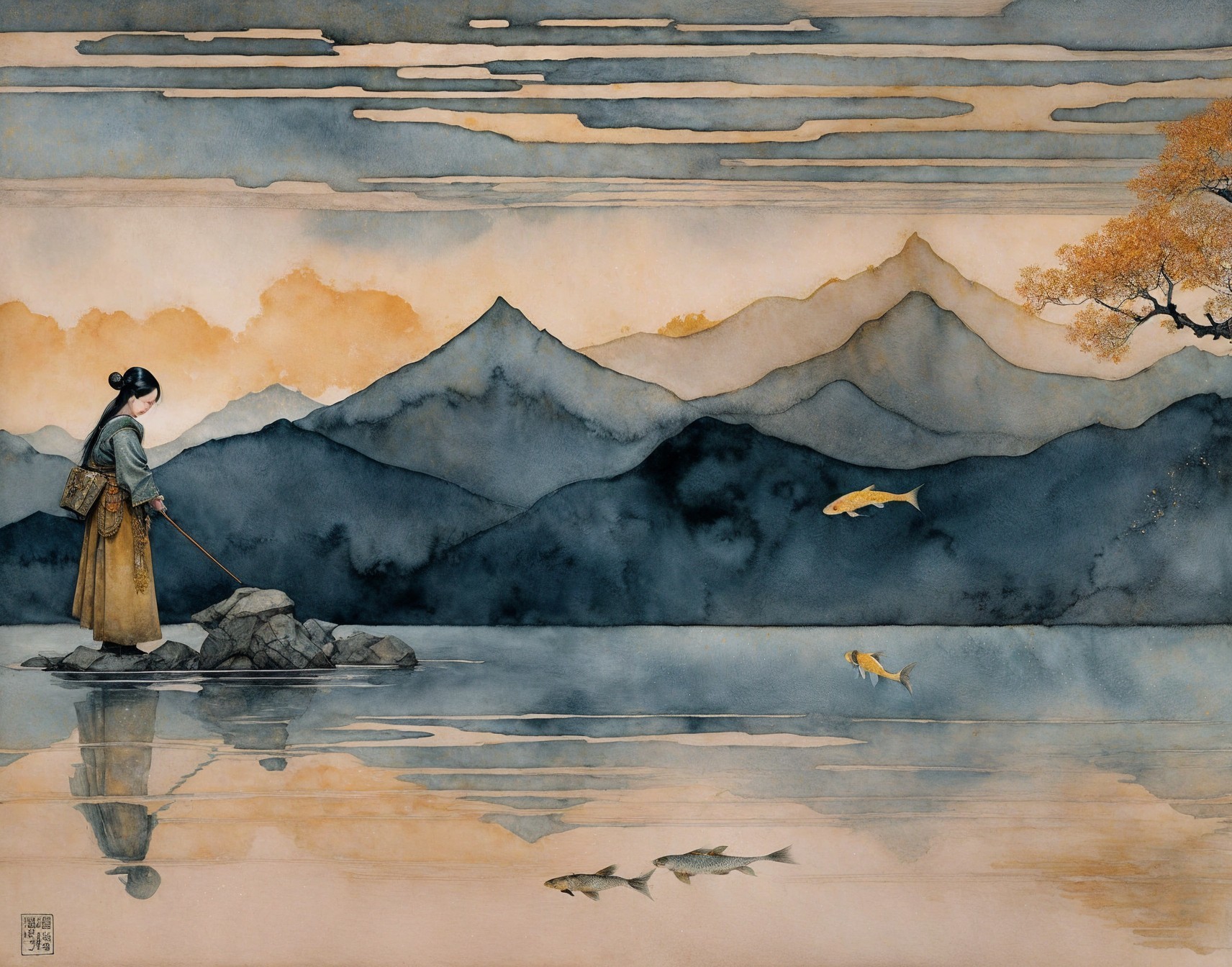 Tranquil Landscape with Figure by a Reflective Lake