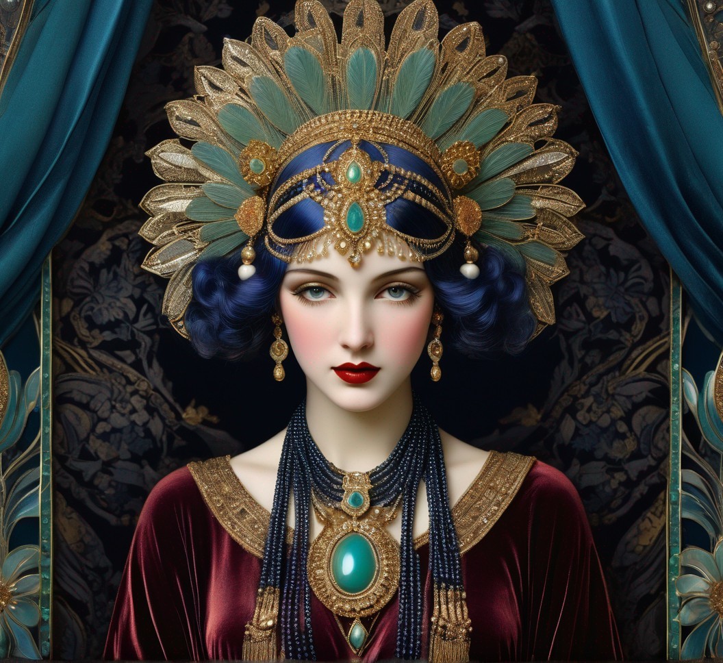 Woman with blue hair in ornate gold and teal headdress