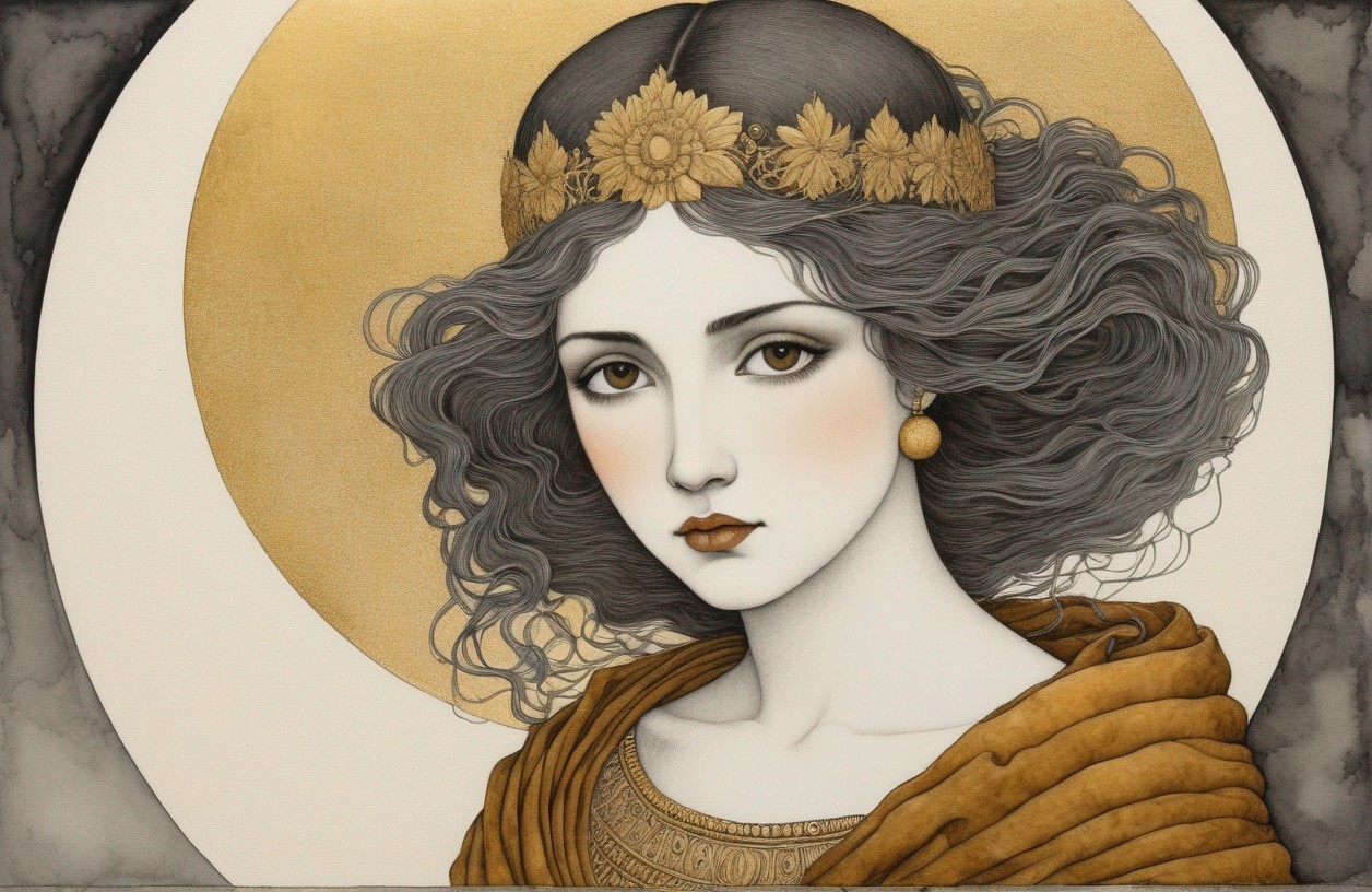 Stylized portrait of a woman with wavy hair and amber garment