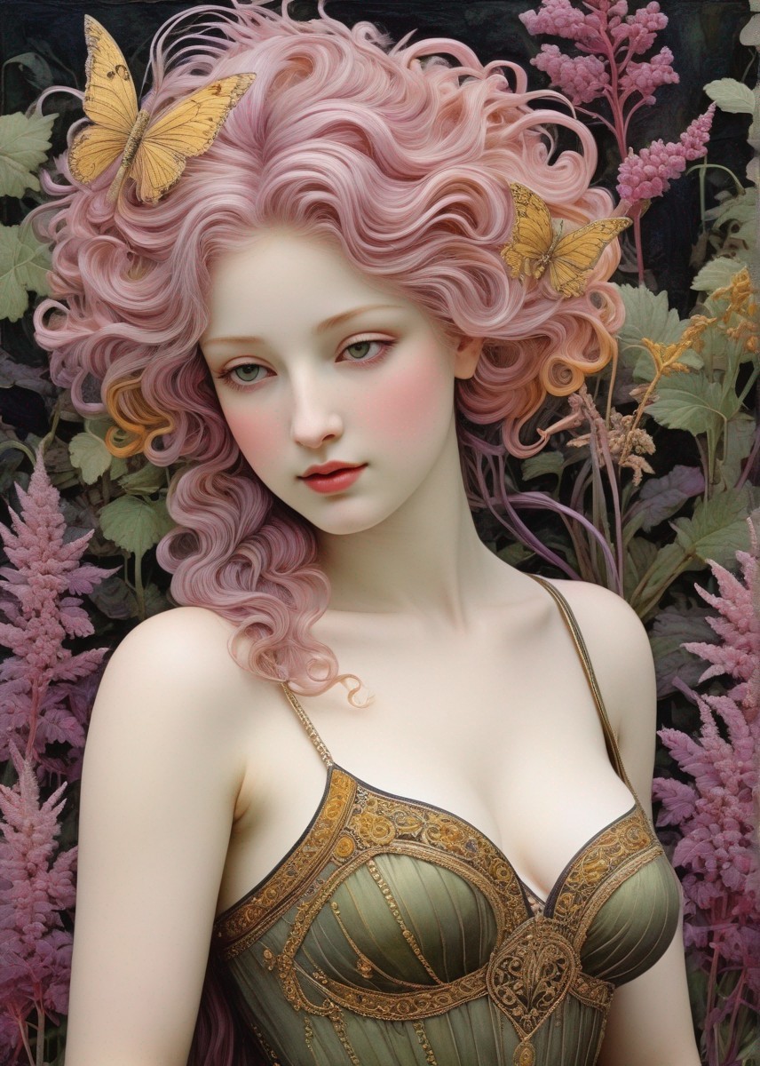 Woman with Pink Curly Hair and Butterflies in Foliage