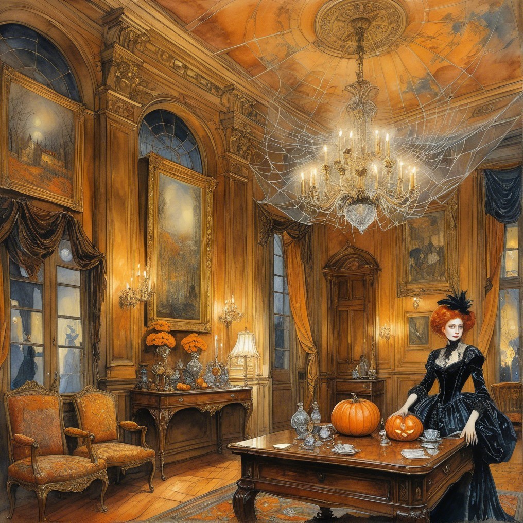Cozy Eerie Room with Elegant Decor and Pumpkins