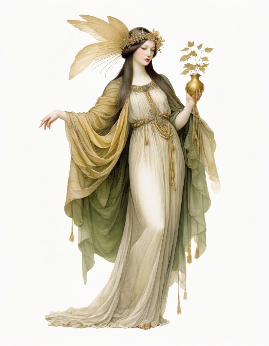 Classical painting of graceful woman in flowing gown and laurel wreath.