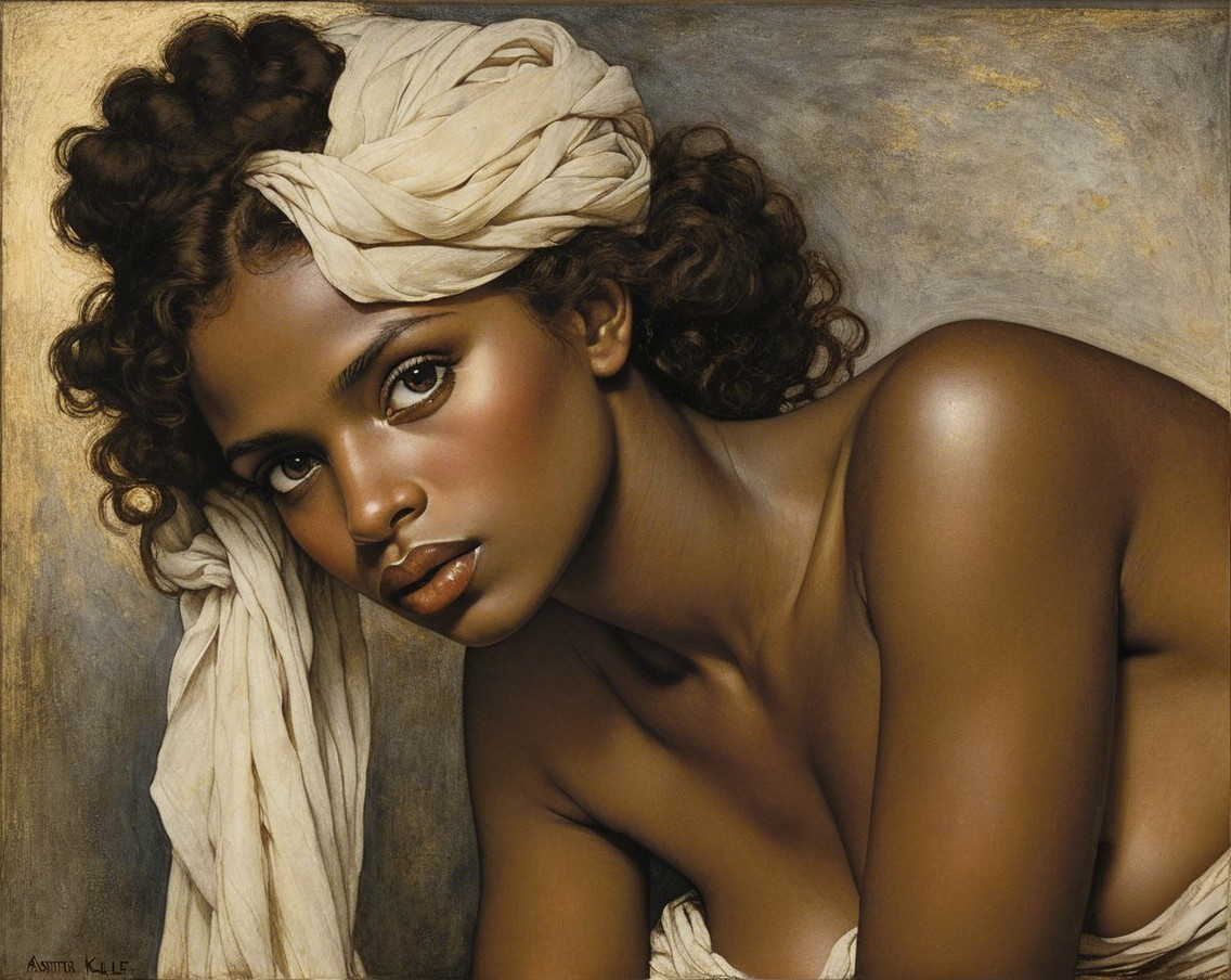 Portrait of a woman with curly hair and head wrap