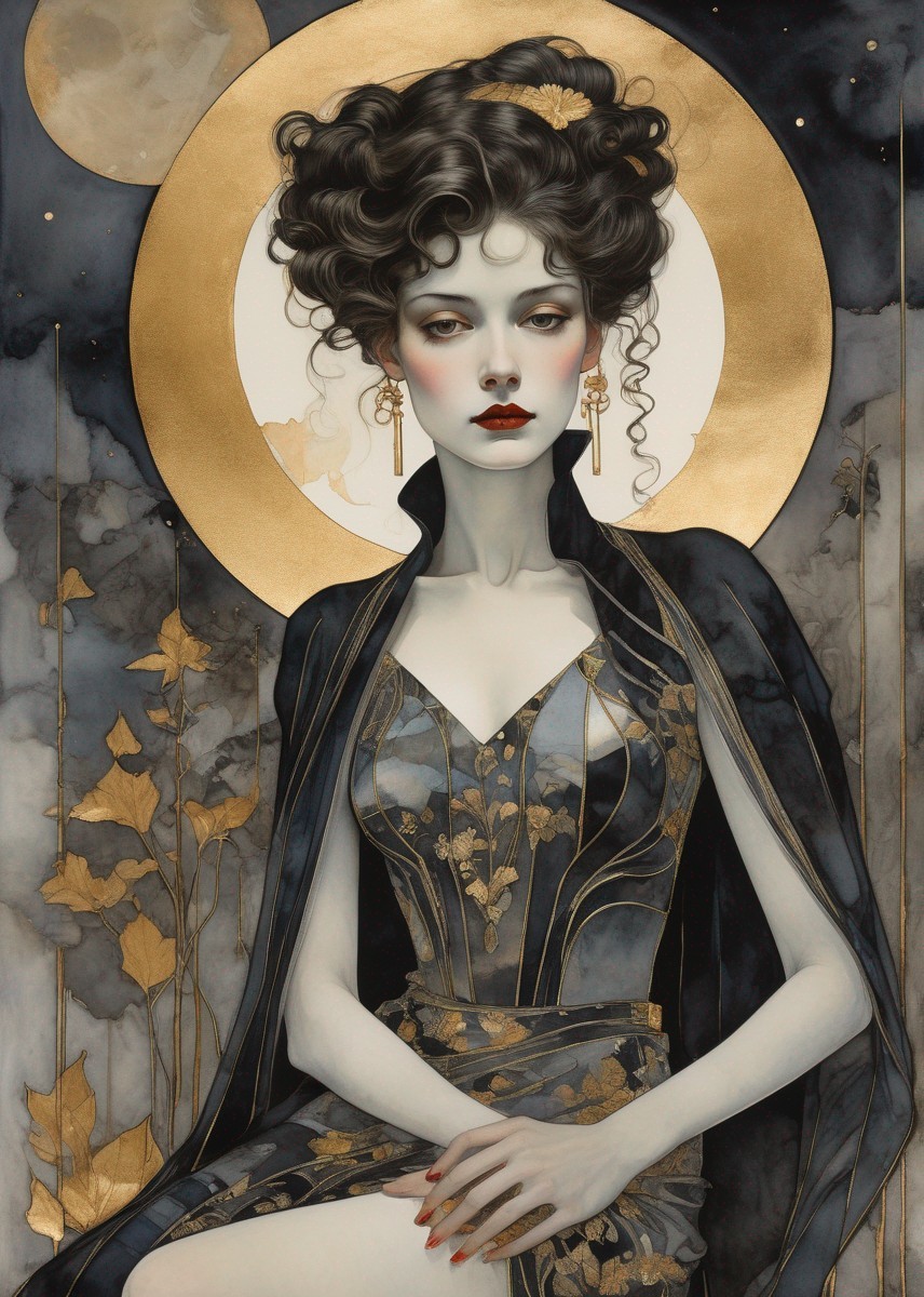 Portrait of a woman with a golden halo and dark hair